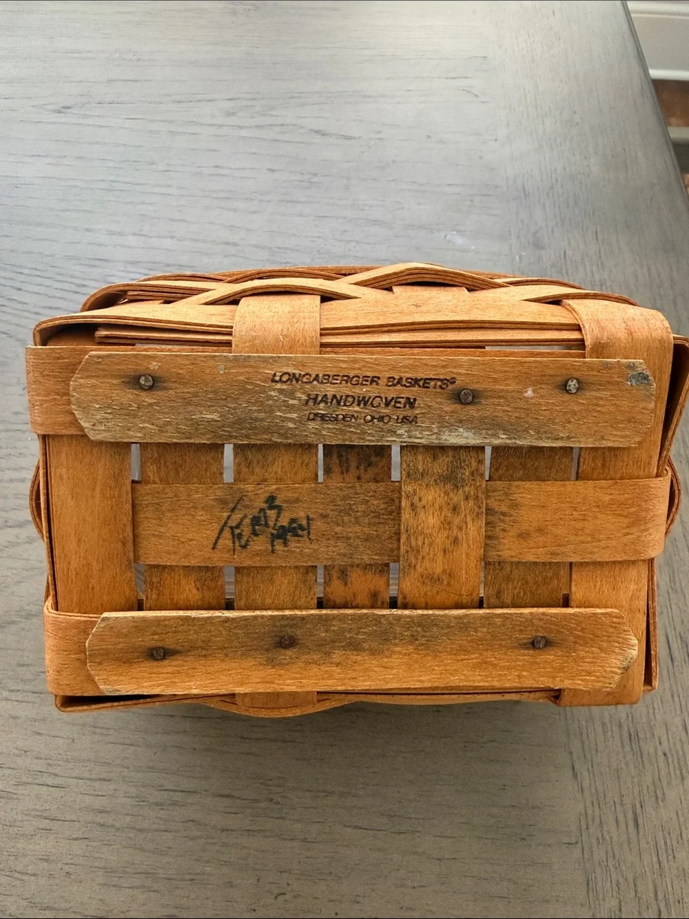 Longaberger Wood Basket with Leather Handles - Signed